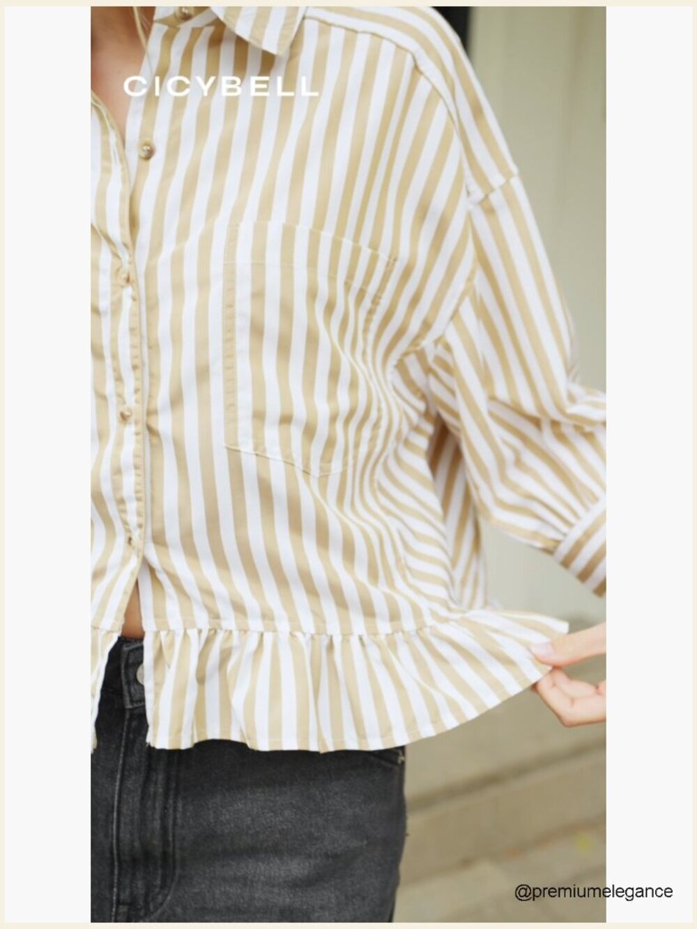 Cropped Striped Button Down Ruffle 3/4 Sleeve Blouse - Picture 6 of 6